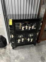 ORIENTAL BLACK LACQUER BAR CABINET WITH RAISED FIGURES