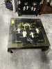 ORIENTAL BLACK LACQUER COFFEE TABLE WITH RAISED FIGURES & GLASS TOP - 3'x3'
