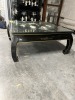 ORIENTAL BLACK LACQUER COFFEE TABLE WITH RAISED FIGURES & GLASS TOP - 3'x3' - 2