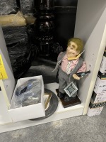 ASSORTED PIECES - DOLL ON STAND / BOX BOEING KEYCHAINS / PEWTER 1776 PLATE / LUCKY CLOVER PLATE