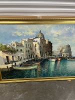 FRAMED OIL PAINTING - COASTAL HARBOR SCENE - SIGNED L DeGREGORIO - 44''x63''