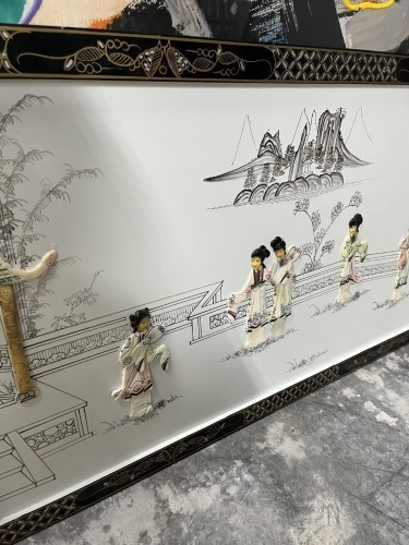 LACQUER FRAME ASIAN WALL ART WITH MOTHER OF PEARL INLAY - 24''x46''
