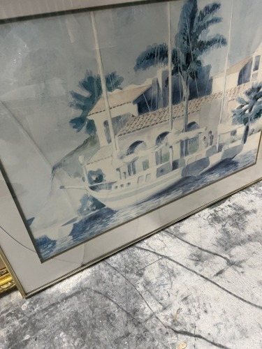 PICTURE - BOAT SCENE - SIGNED BUFFETT (CRACKED GLASS)