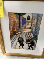 HAND PAINTED ON SILK VINTAGE JUDAICA FOLK ART - SIGNED LAVIG - 18''x22''