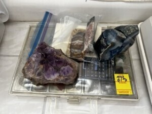 ASSORTED - 1- ROCK DISPLAY WITH SEMI PRECIOUS STONES / 2- GEODS / 1- LOT ASSORTED ROCK SAMPLES