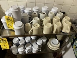 ASSORTED CUPS, PLATES, MUGS, ETC (CONTENTS OF CART)