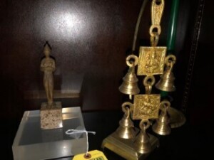 ASSORTED ART OBJECTS & CANDLE HOLDERS - BRASS, INDONESIAN, ETC