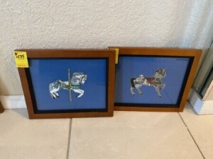 FRAMED PICTURES WITH BLUE MATTING - CAROUSEL HORSES