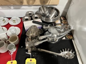 LOT ASSORTED PIECES - STAINLESS STEEL GRAVY BOATS, SMALL STAINLESS STEEL BOWLS, 2- SCOOPS, CO2 CARTS, ETC